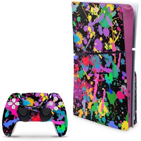 متوافق مع غلاف PS5 النحيف لوحدة التحكم وأجهزة التحكم من ZOOMHITSKINS، ملصق غطاء ملصق من الفينيل 3M، طلاء نيون أسود، متين، خالي من الفقاعات، مقطوع بدقة in Kuwait