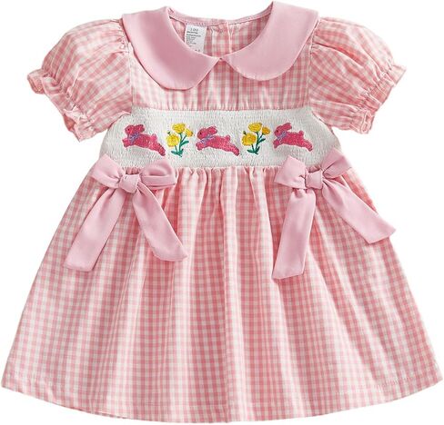 Kids Toddler Girl Easter Clothes Bunny Embroidered Dress Plaid Puff Short Sleeve Doll Collar Dresses Summer Clothes in Saudi Arabia