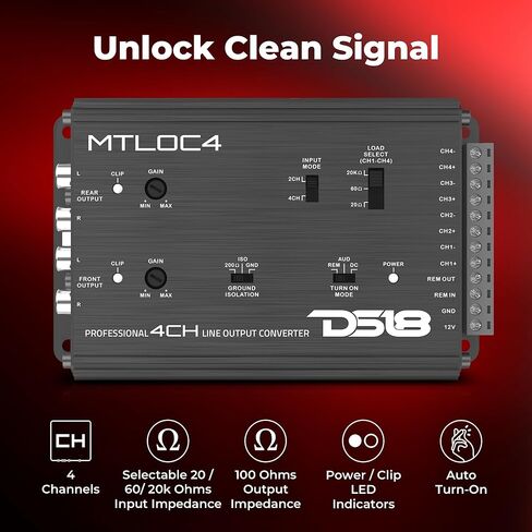 DS18 MTLOC4 محول إخراج خط عالي إلى منخفض ذو 4 قنوات مع تشغيل عن بعد | مقاومة الإدخال 20/60/20 كيلو أوم قابلة للتحديد | محول مستوى مكبر الصوت 40 فولت إلى RCA in Kuwait