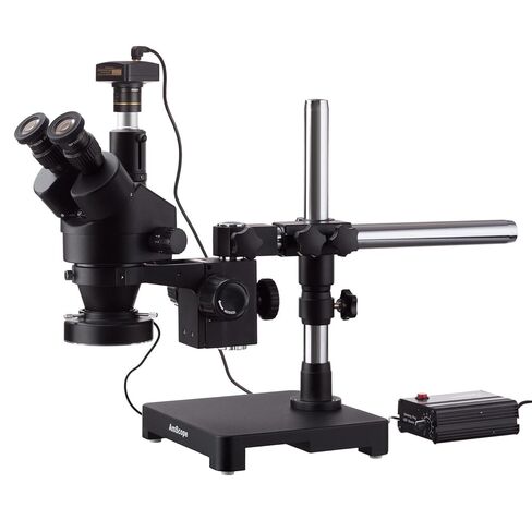 AmScope 7X-90X Black Trinocular Stereo Zoom Microscope on Single Arm Boom Stand with Heavy Duty 80-LED Ring Light & 5MP Digital Camera in Saudi Arabia