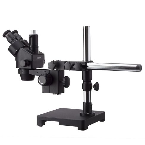 AmScope 7X-90X Black Trinocular Stereo Zoom Microscope on Single Arm Boom Stand with Heavy Duty 80-LED Ring Light & 5MP Digital Camera in Saudi Arabia