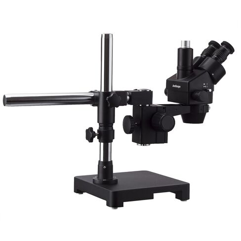 AmScope 3.5X-45X مجهر تكبير ستيريو ثلاثي العينيات أسود على حامل بذراع واحد + 144 حلقة LED in Saudi Arabia