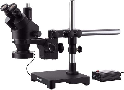 AmScope 7X-45X Black Trinocular Stereo Zoom Microscope on Single Arm Boom Stand with Heavy Duty 80-LED Ring Light in Saudi Arabia