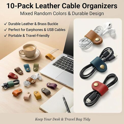 10-Pack Leather Cable Organizers, Mixed Random Colors Cord Management Ties, Durable Portable Earphone Keeper and USB Cable Wrap for Desk & Travel in Saudi Arabia