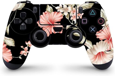 ZOOMHITSKINS متوافق مع جهاز التحكم PS4 اللامع، زهور الكركديه الصيفية المرجانية السوداء العتيقة، متينة، فينيل، صنع في الولايات المتحدة الأمريكية in Kuwait