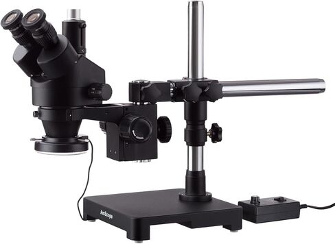 AmScope 3.5X-180X مجهر تكبير ستيريو ثلاثي العينيات أسود على حامل ذراع واحد + 144 مصباح حلقة LED in Kuwait
