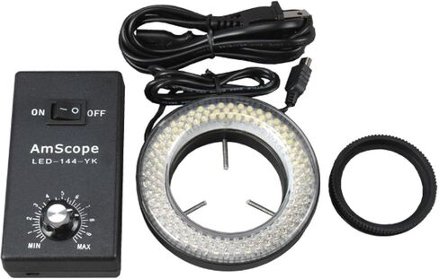 AmScope 3.5X-180X مجهر تكبير ستيريو ثلاثي العينيات أسود على حامل ذراع واحد + 144 مصباح حلقة LED in Kuwait