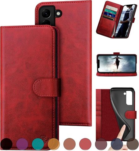 DuckSky for Samsung Galaxy S22 Genuine Leather Wallet case 【RFID Blocking】【4 Credit Card Holder】【Real Leather】 Flip Folio Book Phone case Protective Cover Women Men for S22 case Red in Saudi Arabia