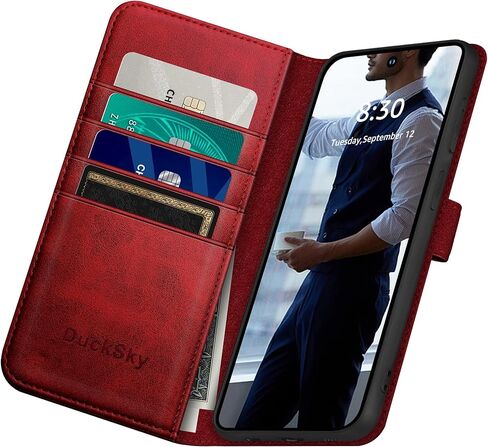DuckSky for Samsung Galaxy S22 Genuine Leather Wallet case 【RFID Blocking】【4 Credit Card Holder】【Real Leather】 Flip Folio Book Phone case Protective Cover Women Men for S22 case Red in Saudi Arabia