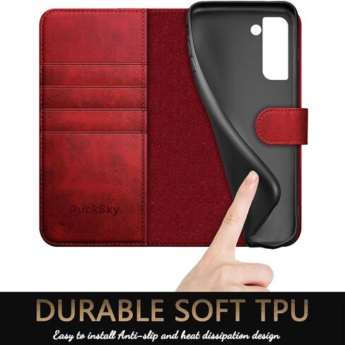DuckSky for Samsung Galaxy S22 Genuine Leather Wallet case 【RFID Blocking】【4 Credit Card Holder】【Real Leather】 Flip Folio Book Phone case Protective Cover Women Men for S22 case Red in Saudi Arabia