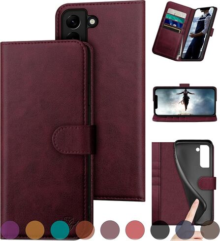 DuckSky for Samsung Galaxy S22 Genuine Leather Wallet case 【RFID Blocking】【4 Credit Card Holder】【Real Leather】 Flip Folio Book Phone case Protective Cover Women Men for S22 case Red in Saudi Arabia
