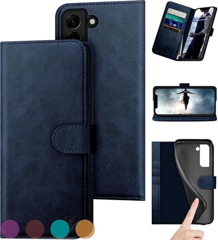 DuckSky for Samsung Galaxy S22 Genuine Leather Wallet case 【RFID Blocking】【4 Credit Card Holder】【Real Leather】 Flip Folio Book Phone case Protective Cover Women Men for S22 case Red in Saudi Arabia