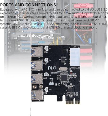 PUSOKEI 4 Ports USB 3.0 PCIE Expansion Card, PCI Express to USB 3.0 Hub Card, 5Gbps SuperSpeed Data Transfer, Built in Self Powered Technology, for Desktop PC in Kuwait