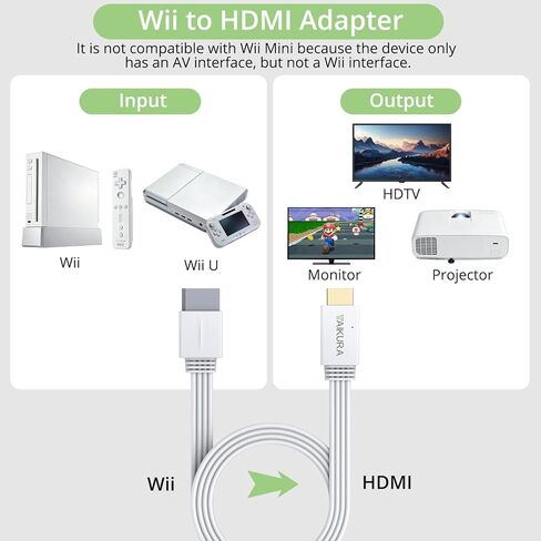 Wii to HDMI Adapter and Converter in White for Wii with Built-in Cable Plug and Play Supports All Wii Display Modes Digital HDMI Output with Zero Loss for Full HD 1080P TV, Monitor, Projector in Kuwait