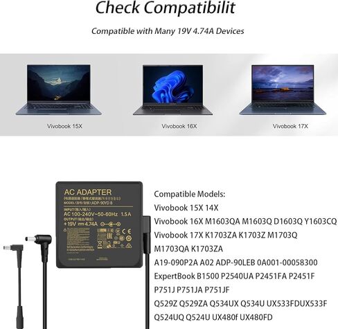 شاحن 90 واط متوافق مع محول الطاقة Asus Vg32vq vg279qm pg279q Q524 Q524U Q534 Q524Uq Q534Ux Q524Uq-Bbi7T1 Q524Uq U500V Q524Uq-Bbi7T1 in Kuwait
