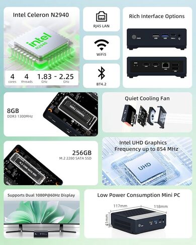 جهاز كمبيوتر صغير Celeron N2940، 8 جيجا DDR3 256 جيجا M.2 SSD، Dual HDMI 1080P، WiFi 5 BT 4.2، مروحة هادئة، كمبيوتر مكتبي صغير منخفض استهلاك الطاقة للمنزل/المكتب/الأعمال in Kuwait