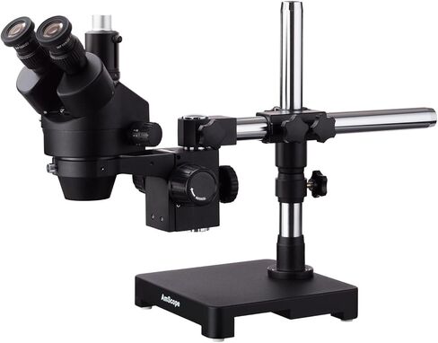 AmScope 3.5X-90X مجهر تكبير ستيريو ثلاثي العينيات أسود على حامل ذراع واحد in Kuwait
