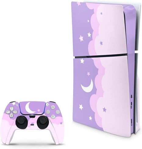 متوافق مع PS5 Slim Skin لوحدة التحكم وأجهزة التحكم من ZOOMHITSKINS، ملصق فينيل 3M، Cloud Moon Purple Star Kawaii Cartoon Fairy Magic Girl Night Sky، متين خالٍ من الفقاعات، مقطوع بدقة in Kuwait