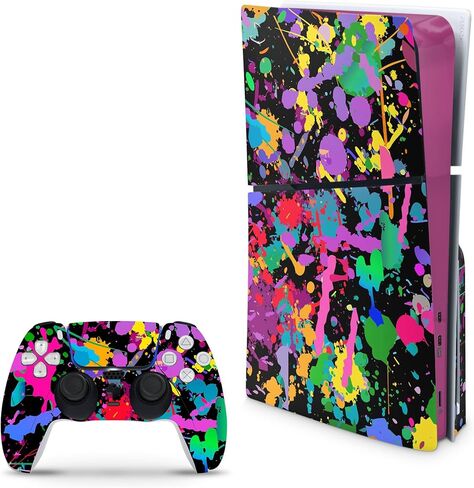 متوافق مع غلاف PS5 النحيف لوحدة التحكم وأجهزة التحكم من ZOOMHITSKINS، ملصق غطاء ملصق من الفينيل 3M، طلاء نيون أسود، متين، خالي من الفقاعات، مقطوع بدقة in Kuwait