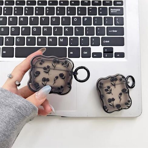 متوافق مع حافظة Airpods الجيل الثالث على شكل زهرة سوداء، حافظة لطيفة مع سلسلة مفاتيح للنساء والفتيات والأطفال، غطاء واقٍ من السيليكون الناعم الشفاف Kawaii لأجهزة Airpods 3 Gen in Kuwait