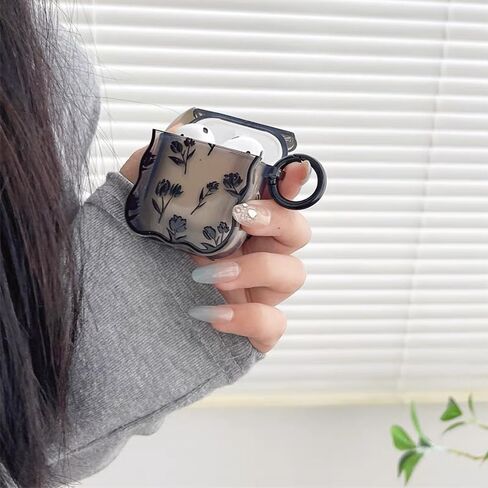 متوافق مع حافظة Airpods الجيل الثالث على شكل زهرة سوداء، حافظة لطيفة مع سلسلة مفاتيح للنساء والفتيات والأطفال، غطاء واقٍ من السيليكون الناعم الشفاف Kawaii لأجهزة Airpods 3 Gen in Kuwait