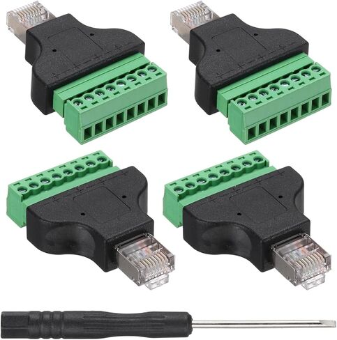 MECCANIXITY 4 قطع محول طرفي برغي RJ45، قابس ذكر RJ45 إلى موصل طرفي برغي 8 دبوس، محول صوت إيثرنت ملحقات الصوت المنزلية موسع شبكة DVR الرقمية CCTV باللون الأسود in Kuwait