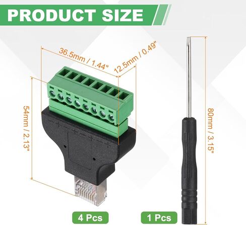 MECCANIXITY 4 قطع محول طرفي برغي RJ45، قابس ذكر RJ45 إلى موصل طرفي برغي 8 دبوس، محول صوت إيثرنت ملحقات الصوت المنزلية موسع شبكة DVR الرقمية CCTV باللون الأسود in Kuwait