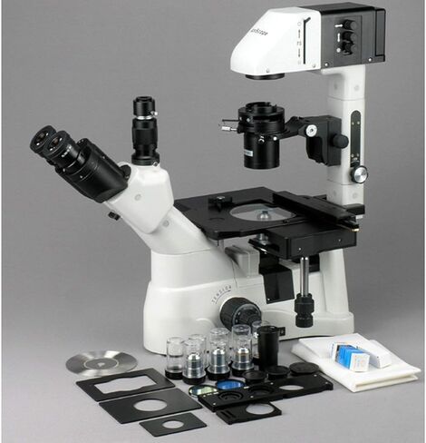 AmScope IN480TA-5M Digital Long Working-Distance Inverted Trinocular Microscope, 40x-900x, WH10x Plan and WH15x Super-Widefield Eyepieces, Brightfield and Phase-Contrast Objectives, 30W Halogen Illumination, 0.3/0.5 NA Kohler Condenser, Mechanical Stage,  in Saudi Arabia