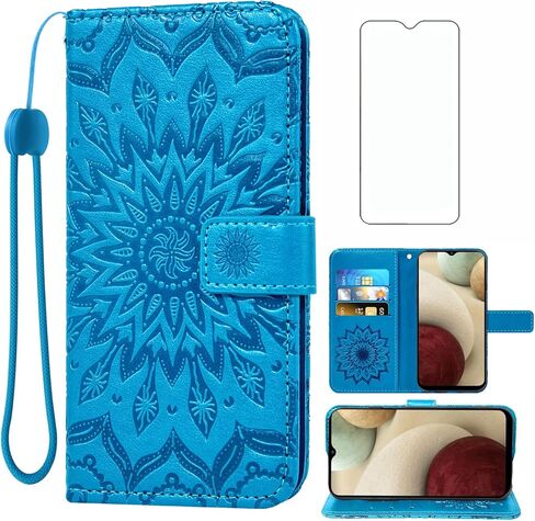 Phone Case for Samsung Galaxy A12 Wallet Cases with Tempered Glass Screen Protector and Leather Slim Flip Cover Card Holder Stand Cell Accessories Glaxay A 12 12A samsunga12case Women Men Blue in Saudi Arabia