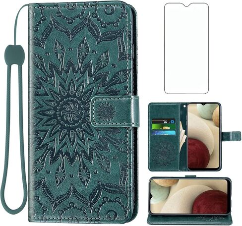 Phone Case for Samsung Galaxy A12 Wallet Cases with Tempered Glass Screen Protector and Leather Slim Flip Cover Card Holder Stand Cell Accessories Glaxay A 12 12A samsunga12case Women Men Blue in Saudi Arabia