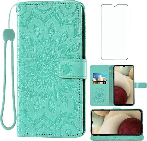 Phone Case for Samsung Galaxy A12 Wallet Cases with Tempered Glass Screen Protector and Leather Slim Flip Cover Card Holder Stand Cell Accessories Glaxay A 12 12A samsunga12case Women Men Blue in Saudi Arabia
