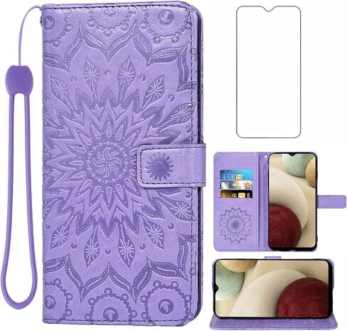 Phone Case for Samsung Galaxy A12 Wallet Cases with Tempered Glass Screen Protector and Leather Slim Flip Cover Card Holder Stand Cell Accessories Glaxay A 12 12A samsunga12case Women Men Blue in Saudi Arabia