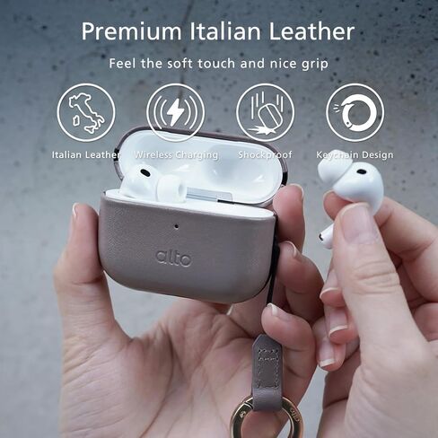 غطاء حافظة من الجلد الإيطالي من Alto متوافق مع AirPods Pro 3 Generation 2025 الجيل الثالث للنساء والرجال، هيكل صلب واقٍ يدعم الشحن اللاسلكي ومصباح LED مرئي (رمادي أسمنتي) in Kuwait