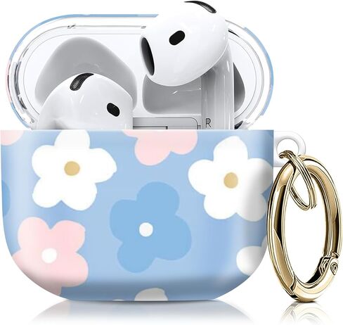 متوافق مع غطاء حافظة AirPod الجيل الرابع مع سلسلة مفاتيح، حافظة سماعة رأس لاسلكية واقية كاملة مضادة للصدمات للنساء والرجال والبنات (زهرة وردية بيضاء وزرقاء لطيفة) in Kuwait
