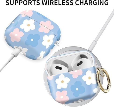 متوافق مع غطاء حافظة AirPod الجيل الرابع مع سلسلة مفاتيح، حافظة سماعة رأس لاسلكية واقية كاملة مضادة للصدمات للنساء والرجال والبنات (زهرة وردية بيضاء وزرقاء لطيفة) in Kuwait