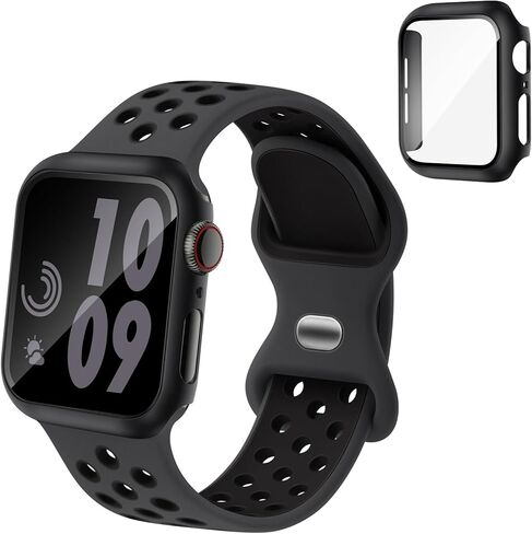 Sport Silicone Bands and Case with Screen Protector Compatible with Apple Watch Band 44mm/45mm/46mm/42mm/41mm/40mm for Men, Breathable Strap and Cover Combo for iWatch Series 11/10/9/8/7/6/5/4/SE in Saudi Arabia