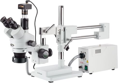 AmScope 7X-90X مجهر تكبير ستريو Simul-Focal على حامل ذراع الرافعة مع ضوء الألياف وكاميرا 5 ميجابكسل in Saudi Arabia