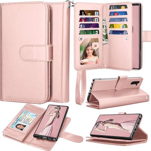 Takfox for Samsung Note 10 Plus Case Wallet, for Galaxy Note 10+ Plus 5G Phone Case PU Leather w 9 ID Credit Card Holder Slots Folio Flip Magnetic Detachable Hard Case & [Wrist Strap]-Rose Gold in Saudi Arabia