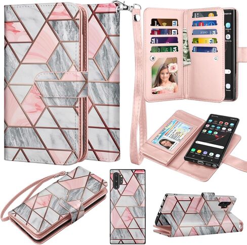 حافظة Takfox لهاتف Samsung Note 10 Plus، لهاتف Galaxy Note 10+ Plus 5G حافظة هاتف من جلد البولي يوريثان مع 9 فتحات لحامل بطاقات الائتمان معرف فوليو حافظة صلبة قابلة للفصل و[حزام معصم] - ذهبي وردي in Kuwait