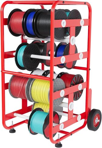 عربة حامل بكرة سلكية مقاس 15 × 17 × 31 بوصة، موزع حامل سلكي محمول مع عجلة وعرض وتخزين للاستخدام الصناعي والتجزئة الكهربائية - 10 قضبان مطلية بمسحوق أحمر in Kuwait