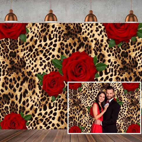 7x5ft Leopard Print Rose Photo Backdrop Valentine's Day Photography Backdrop Red Rose Backdrops for Valentine's Day Wedding Birthday Party Decorations Banner Background Studio Prop in Saudi Arabia