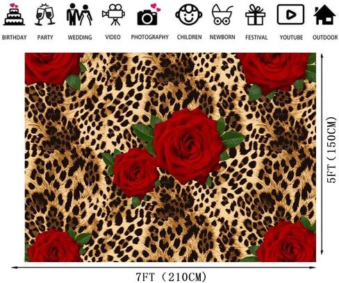 7x5ft Leopard Print Rose Photo Backdrop Valentine's Day Photography Backdrop Red Rose Backdrops for Valentine's Day Wedding Birthday Party Decorations Banner Background Studio Prop in Saudi Arabia