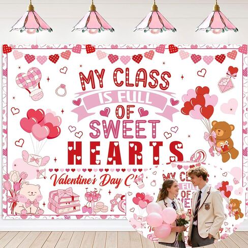 Happy Valentine's Day Backdrop 7x5FT My Class is Full of Sweethearts Banner Background Pink Love Heart Valentines Day Decorations for School Classroom in Kuwait