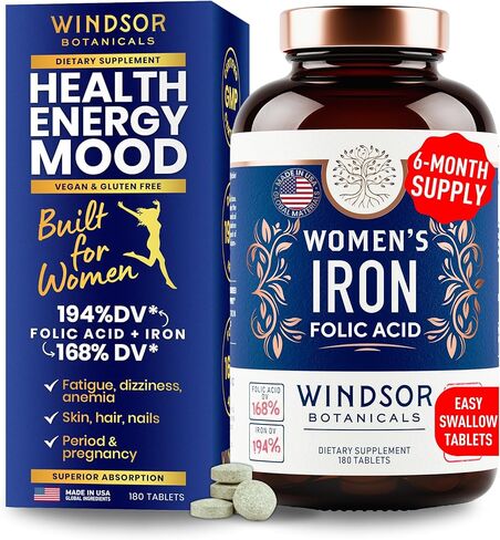 Iron Pills for Women - Iron Supplement for Women with Folic Acid - 6 Month Supply - Anemia, Period, Pregnancy Support Iron Supplements - Ferrous Sulfate, Folate Vitamin B9-180 Vegan Iron Tablets in Saudi Arabia