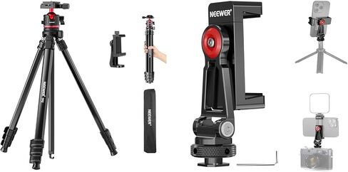 NEEWER Basics TP12 66.5"/169 cm Travel Tripod for Camera & Phone + PA001 Metal Phone Tripod Mount with Cold Shoe Mounts, Lightweight Portable DSLR Stand Compatible with iPhone, Max Load 11 lb in Saudi Arabia