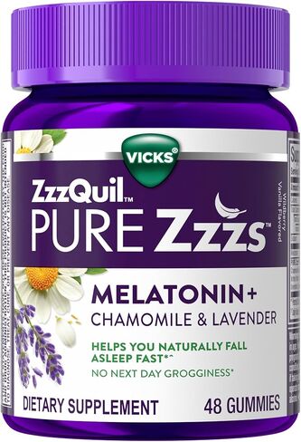 ZzzQuil PURE Zzzs, Melatonin Sleep Aid Gummies with Lavender, Valerian Root and Chamomile, Natural Wildberry Vanilla Flavor, Non-Habit Forming, Drug-Free, 24 Gummies in Kuwait