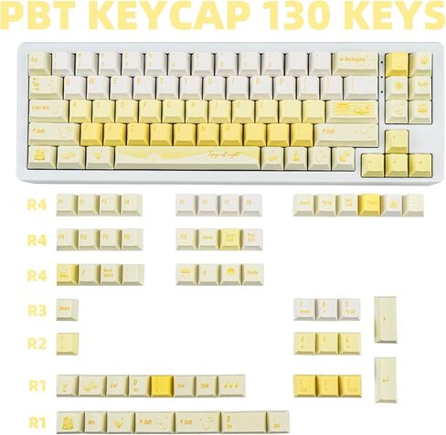 130 Keys Minimalist Yellow Keycap, Cherry Profile PBT Keycap White, Five Sided Dye Sublimation, Thick Custom Keyboard Cap for ANSI/ISO Layout Mechanical Gaming Keyboard in Kuwait
