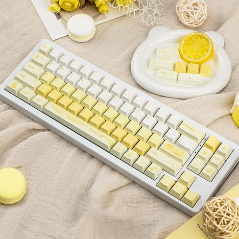130 Keys Minimalist Yellow Keycap, Cherry Profile PBT Keycap White, Five Sided Dye Sublimation, Thick Custom Keyboard Cap for ANSI/ISO Layout Mechanical Gaming Keyboard in Kuwait