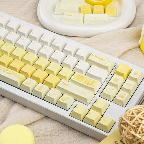 130 Keys Minimalist Yellow Keycap, Cherry Profile PBT Keycap White, Five Sided Dye Sublimation, Thick Custom Keyboard Cap for ANSI/ISO Layout Mechanical Gaming Keyboard in Kuwait