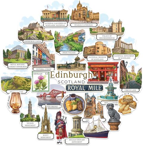 ملصقات سفر من Navy Peony Enchanted Edinburgh (28 قطعة) - ملصقات مصورة يدويًا، غواش، ملصقات تحت عنوان المدينة الاسكتلندية لدفاتر القصاصات والمجلات والكمبيوتر المحمول in Kuwait